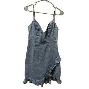 Sage + Paije (now Mermaid)  Denim Mini Dress Spaghetti Strap Ruffle Hem